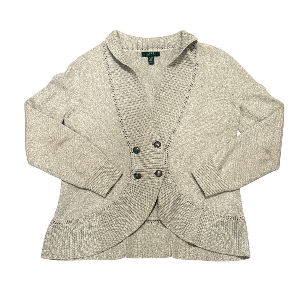 Lauren Ralph Lauren Gray 100% Cotton Cardigan Sweater Double Breasted XL Preppy